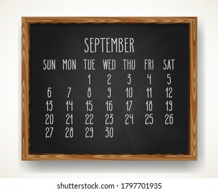 Hand written chalk vector calendar for September year 2020 over black chalkboard frame background. Week starting from Sunday.