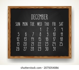 Hand written chalk vector calendar for December year 2021 over black chalkboard frame background. Week starting from Sunday.