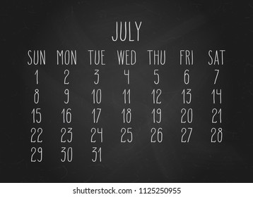 Hand written chalk vector month calendar for July year 2018 over black chalkboard background.
