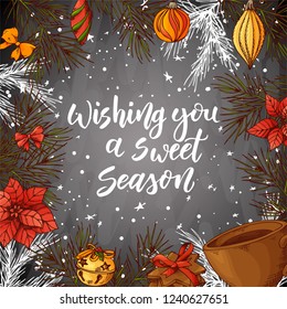 Hand written Christmas greeting. Holiday card in sketch style with elements. Invitation vintage chalk design with modern calligraphy. vector illustration.