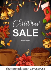 Hand written Christmas greeting. Holiday card in sketch style with elements. Invitation vintage chalk design with modern calligraphy. vector illustration.