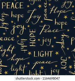 Hand Written Christmas Typography Vector Seamless Pattern Winter Holiday Calligraphy Words Peace Joy Hope Light