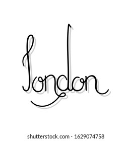 Hand written city name of London. Hand lettering in black color and grey shadow on white background.
