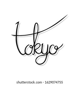 Hand written city name of Tokyo. Hand lettering in black color and grey shadow on white background.