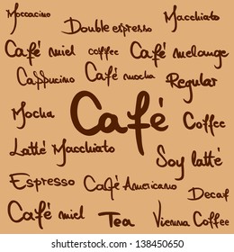 Hand written coffee names for menus, blackboards and advertisements