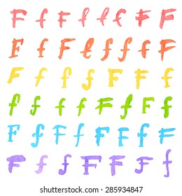 Hand written colorful ink watercolor F letter set isolated over the white background, separate color layer, easy to recolor