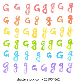 Hand written colorful ink watercolor G letter set isolated over the white background, separate color layer, easy to recolor