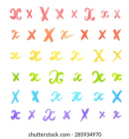 Hand written colorful ink watercolor X letter set isolated over the white background, separate color layer, easy to recolor