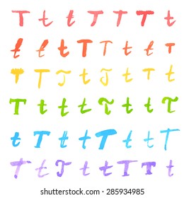 Hand written colorful ink watercolor T letter set isolated over the white background, separate color layer, easy to recolor