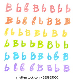 Hand written colorful ink watercolor B letter set isolated over the white background, separate color layer, easy to recolor