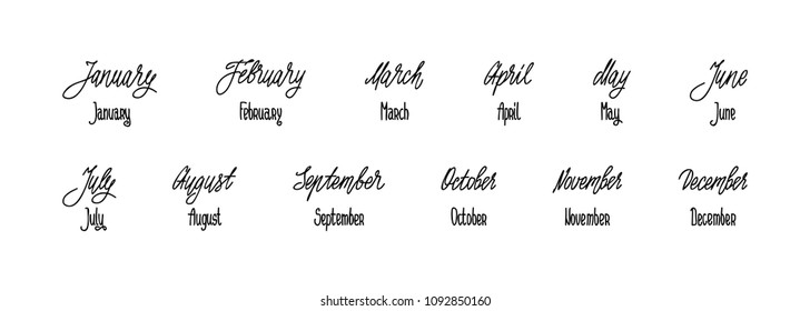 Hand written cute names of months. Bullet journal lettering. Months calligraphy for calendar, notebook, diary. January, February, March, April, May, June, July, September, October, November, December