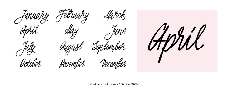 Hand written cute names of months. Bullet journal lettering. Months calligraphy for calendar, notebook, diary. January, February, March, April, May, June, July, September, October, November, December