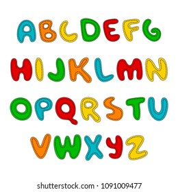 Hand written display colored font, Kid style. ABC. Stitched, patched, sewed, Decorative funny Vector alphabet and numbers.
