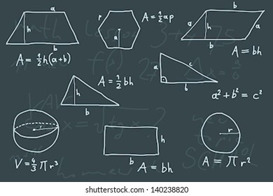 Hand written doodle illustration - geometry formulas. Formulas for polygon area, triangle properties and other.