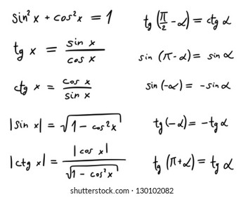 Hand written doodle illustration - Trigonometric functions. Mathematics scientific education.