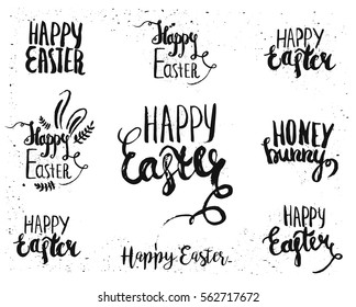 Hand written Easter lettering for Greeting card text templates with Easter eggs isolated on white background. Happy easter lettering modern calligraphy style.