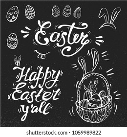 Hand written Easter phrases .Greeting card text templates with Easter eggs isolated on chalkboard background. Basket with eggs