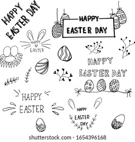 Hand written Easter phrases Greeting card text templates with Easter eggs isolated on white background. 