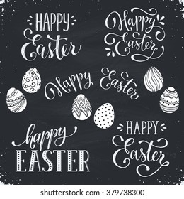 Hand written Easter phrases. Greeting card text templates with Easter eggs on chalk board. Happy easter lettering in modern calligraphy style. 