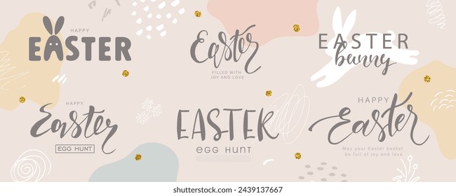 Frases de Pascua escritas a mano. Feliz Semana Santa con letras de estilo caligrafía moderna. Conjunto de inscripciones para el diseño de tarjetas de felicitación, banners y materiales promocionales. Ilustración vectorial.