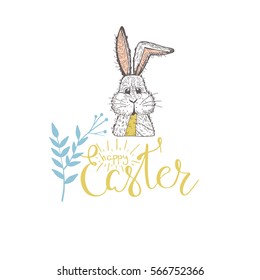 Hand written Easter phrases on white background with basket with bunny. Happy easter lettering modern calligraphy style