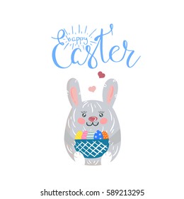 Hand written Easter phrases on white background with basket with bunny. Happy easter lettering modern calligraphy style.