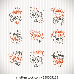 Hand written Easter phrases or quotes set. Greeting card text templates with eggs, curls, swirls. Happy lettering modern calligraphy style.