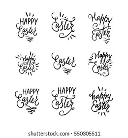 Hand written Easter phrases or quotes set. Greeting card text templates with eggs, curls, swirls isolated on white background. Happy lettering modern calligraphy style.