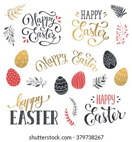 Hand written Easter phrases in red and gold. Greeting card text templates with Easter eggs isolated on white background. Happy easter lettering modern calligraphy style. 