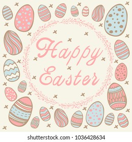 Hand written Easter text. Greeting card text templates with Easter eggs isolated on color background. Happy easter lettering modern calligraphy style.