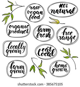 Hand written eco words - raw vegan food, natural, organic product, farm fresh, free range, home grown, eat local, vector illustration isolated on white background. Hand written eco words, phrases