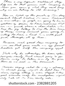 Hand written essay page in cursive pen and ink script, scribbly antique cursive hand writing, totally illegible and unreadable. Old fashioned writing, vintage, antiqued nonsense writing.