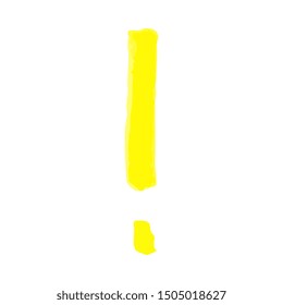 Hand written exclamation mark with a yellow marker or highlighter, brush or pen. Vector texture and sketch illustration of exclamation punctuation mark isolated on white background.