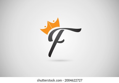 hand written F alphabet letter logo icon. Company business typography with yellow king crown. Royal style