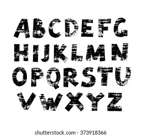 Hand written font. Handmade sans serif type. Grunge abc design. Painted letters with distress texture. Black alphabet isolated on white background. Vector type from brush strokes. Messy headline.