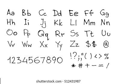 Hand Written Font. Sketchy English Letters And Numbers Isolated On White. Vector Eps8 Illustration.