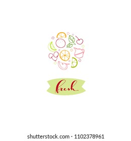 hand written "Fresh" in frame with round doodle illustration fruits. For banner, logo, posters, cards, prints and etc