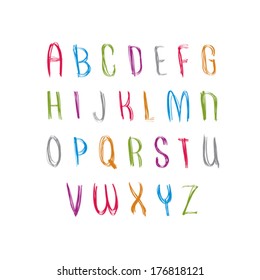Hand written fresh vector font, stylish drawn alphabet letters set.