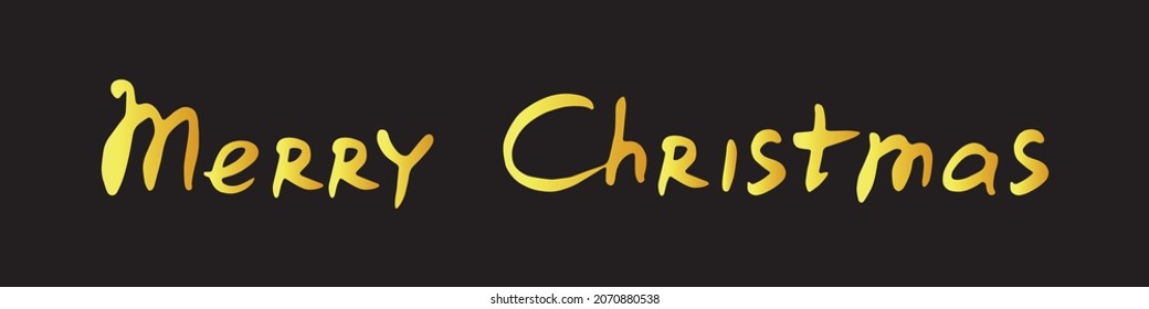 Hand written gold calligraphic inscription Merry Christmas on black background. Lettering, title, design element for banner, greeting card, invitation, postcard. Vector illustration