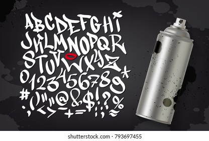 Hand written graffiti font alphabet. Vector set on black
