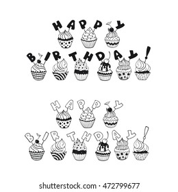 Hand written Happy birthday phrases on cupcakes. Greeting card text templates isolated on white background. 