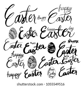 Hand written Happy Easter Day, lettering, calligraphy and typographical design with egg isolated doodle vector can be used for design template, greeting card, poster, postcard, sticker, print design, 