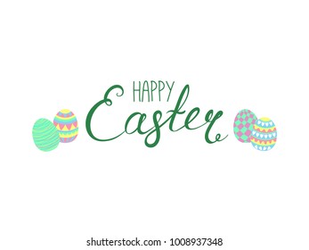 Hand written Happy Easter lettering with cute cartoon eggs. Isolated objects on white. Vector illustration. Festive design elements. Concept for greeting card, invitation.