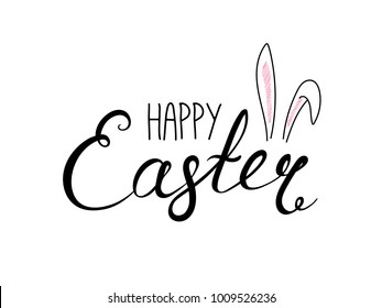 Hand written Happy Easter lettering with cute cartoon rabbit ears. Isolated objects on white. Vector illustration. Festive design elements. Concept for greeting card, invitation.