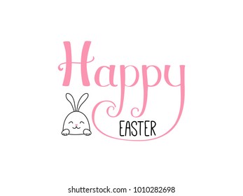 Hand written Happy Easter lettering with cute cartoon rabbit. Isolated objects on white. Vector illustration. Festive design elements. Concept for greeting card, invitation.