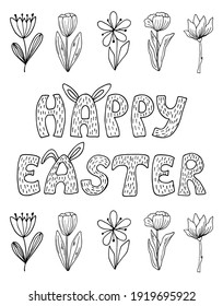 Escribió mano el cartel de Feliz Pascua con floral de primavera. Tarjeta de felicitación con flores de contorno negro aisladas en fondo blanco. Ilustración de arte de línea dividida.