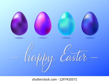Hand written Happy Easter typography lettering with realistic metallic shine eggs. Collection for Invitation template, promotion, poster, flyer, web, design. Vector isolated on blue background. 