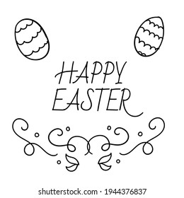 Hand written Happy Easter words. Greeting card text templates with decorated Easter eggs isolated on white background. 