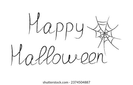 Hand written Happy Halloween text with spiderweb. Black and white vector illustration. 