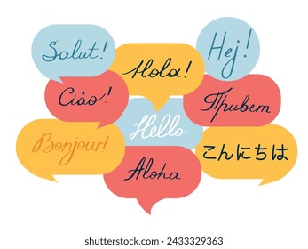 Hand written Hello in different languages on colorful speech bubbles. Isolated on white vector illustration